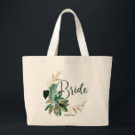 Tropical Foliage Wreath Greenery Gold Bride Large Tote Bag<br><div class="desc">Tropical Foliage Trendy Greenery and Gold Wreath Personalized Bride Tote Bags - with tropical leaf wreath. A fun idea to hold all the wedding needs for the bride, in a bold color palette of rich greens, emerald, and gold. This design is perfect for a beach, destination, or summer wedding. With...</div>