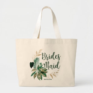 Tropical Foliage Wreath Greenery & Gold Bridesmaid Large Tote Bag