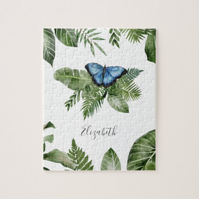 Tropical Forest Blue Butterfly Personalised Name Jigsaw Puzzle (Vertical)