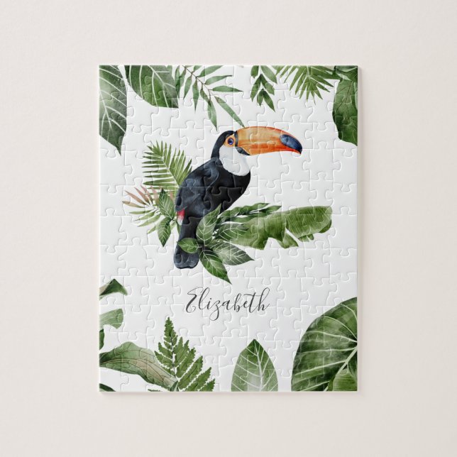 Tropical Forest Cute Toucan Personalised Name Jigsaw Puzzle (Vertical)