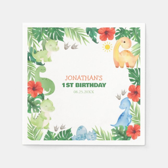 Tropical Forest Dinosaur Kids Birthday Napkin (Front)