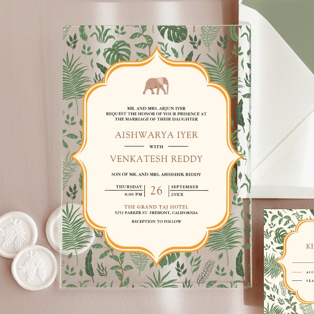 Tropical Forest Elephant Indian Wedding Acrylic Invitations (Creator Uploaded)