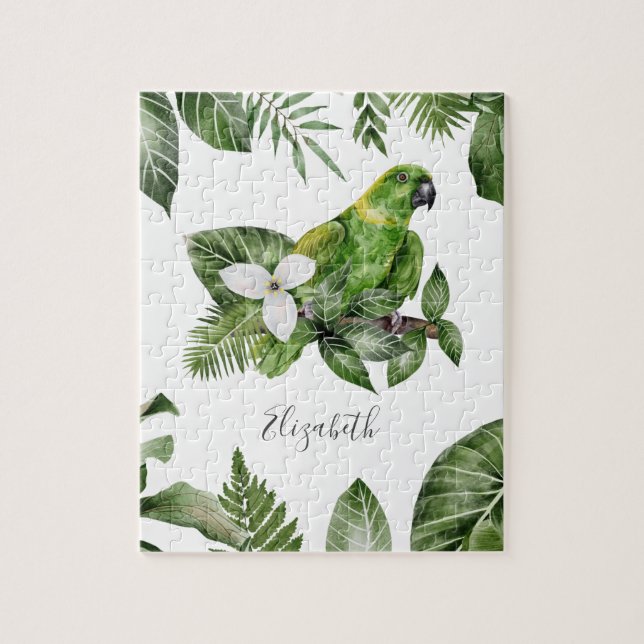 Tropical Forest Green Parrot Personalised Name Jigsaw Puzzle (Vertical)