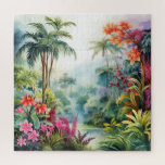 Tropical Forest Jigsaw Puzzle<br><div class="desc">A Watercolour landscape of a tropical forest with colourful flowers</div>