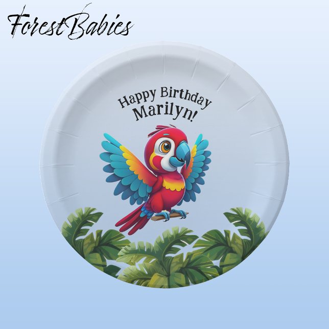Tropical Forest Jungle Macaw Safari Parrot Bird Paper Plate (Macaw Parrot 🌴 Tropical Bird ForestBabies Customizable Birthday Party Animal 7" Paper Plates)