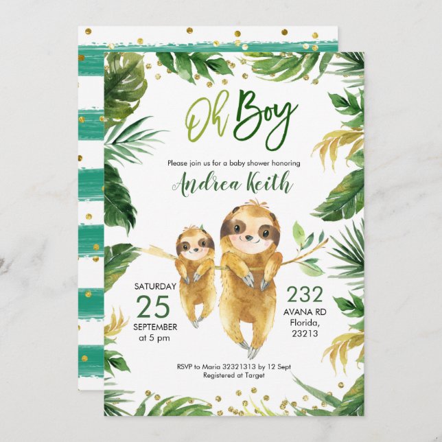Tropical Forest Sloth Baby Shower Invitation (Front/Back)