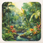 Tropical Forest Square Paper Coaster<br><div class="desc">A Watercolour landscape of a tropical forest with colourful flowers</div>