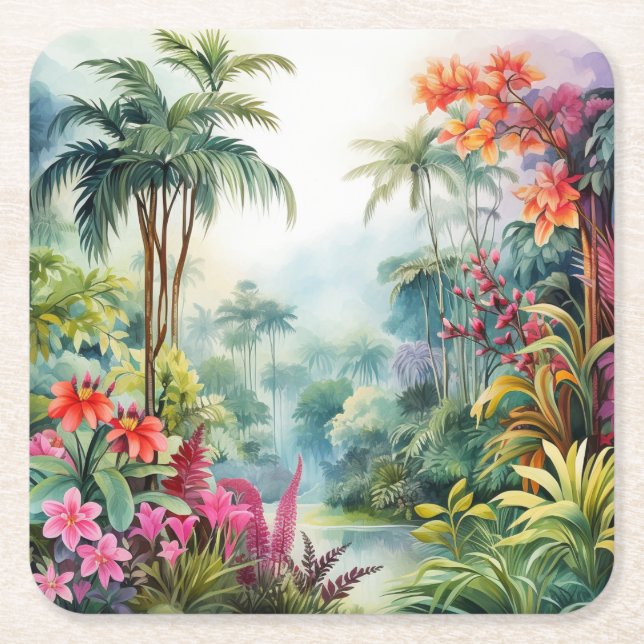Tropical Forest Square Paper Coaster (Front)
