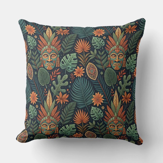 Tropical Forest Tribal & Jungle Flora Pattern Art Cushion (Front)