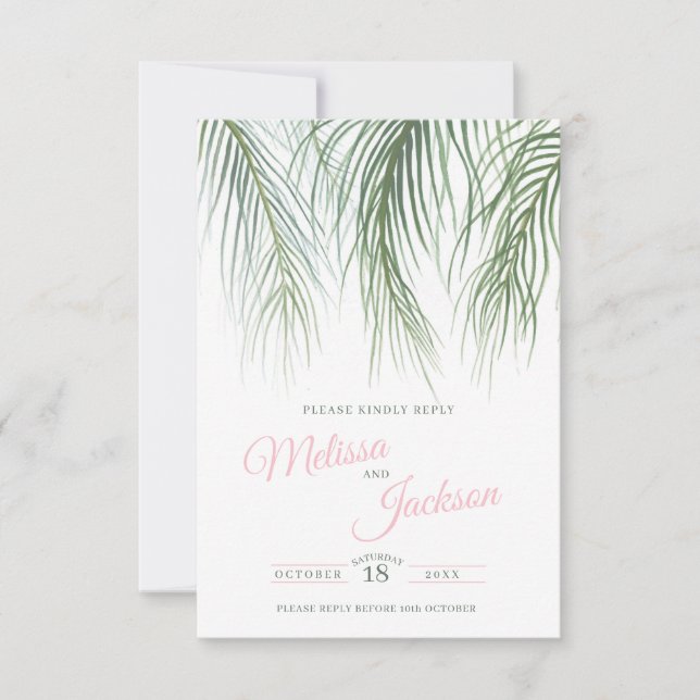 Tropical fronds foliage pink green wedding RSVP card (Front)