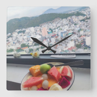 Tropical Fruit Bowl & Coastal City View Wall Clock