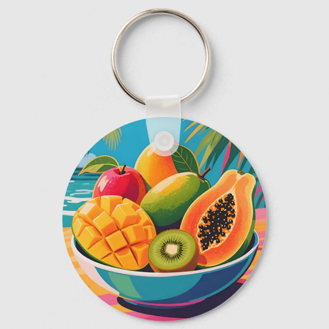 Tropical Fruit Bowl Illustration Key Ring (Front)