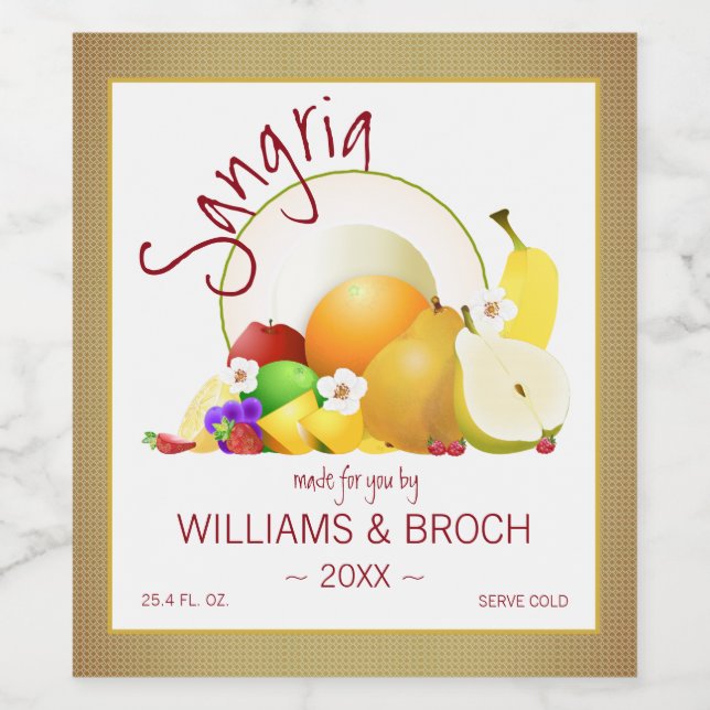 Tropical Fruit Citrus Cornucopia Sangria Wedding Wine Label (Single Label)