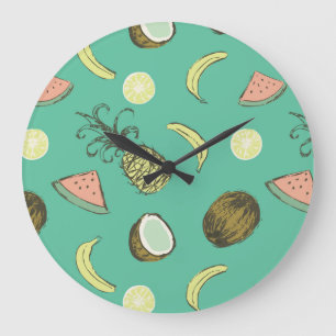 Tropical Fruit Doodle Pattern Large Clock