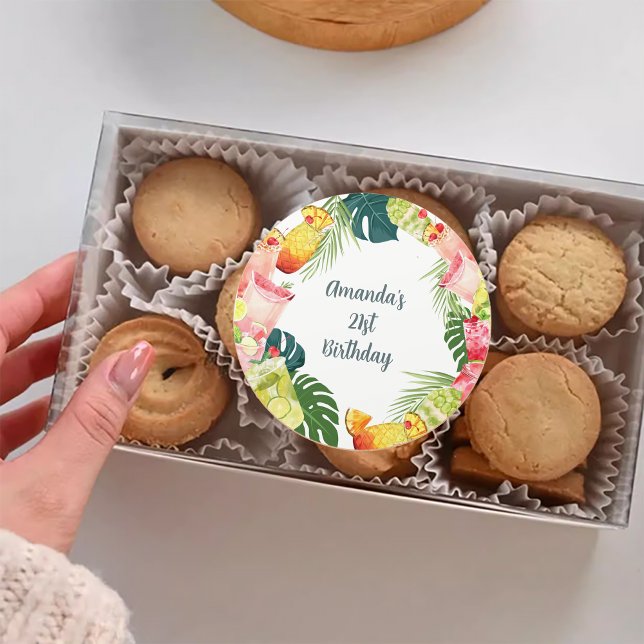 Tropical Fruit Drinks Pool Party Adult Birthday Classic Round Sticker (Tropical Fruit Drinks Pool Party Adult Birthday Classic Round Sticker)