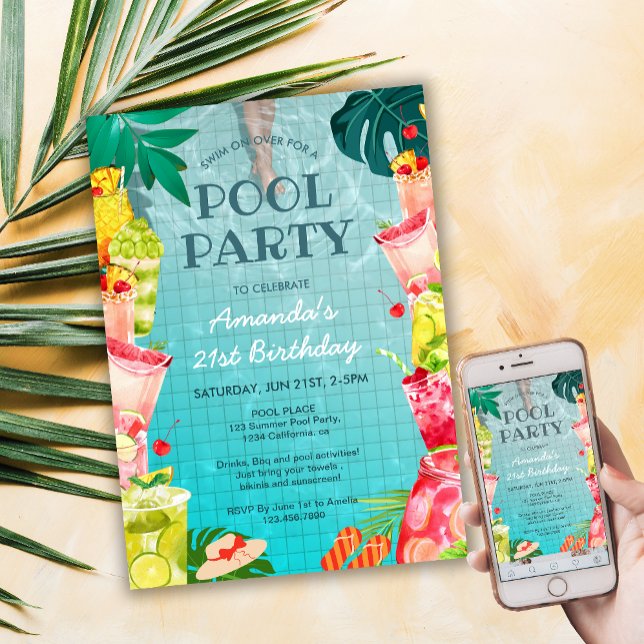 Tropical Fruit Drinks Pool Party Adult Birthday Invitation (Tropical Fruit Drinks Pool Party Adult Birthday Invitation)