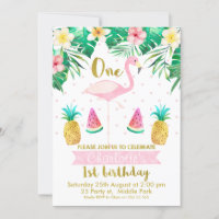 Tropical Fruit Flamingo 1st Birthday Invitation