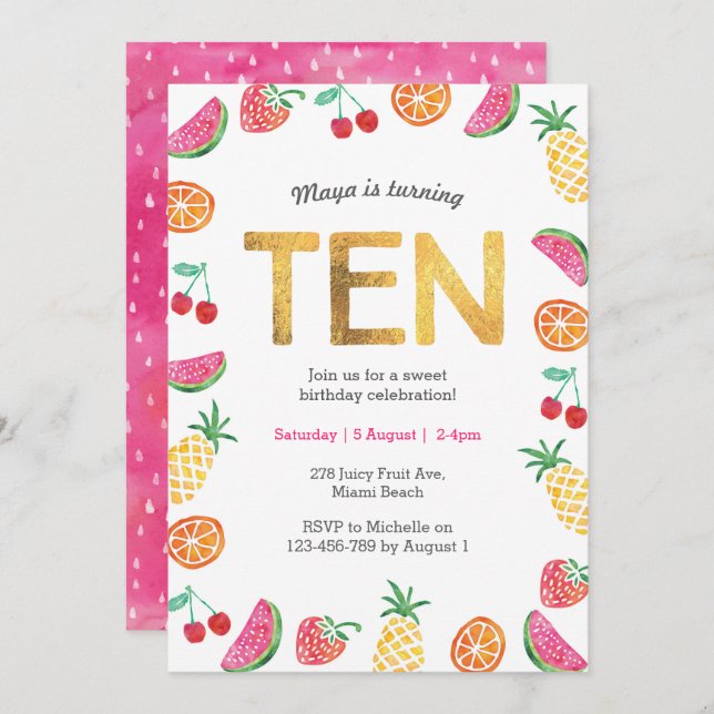 Tropical Fruit Gold 10th Birthday Invitation (Front/Back)
