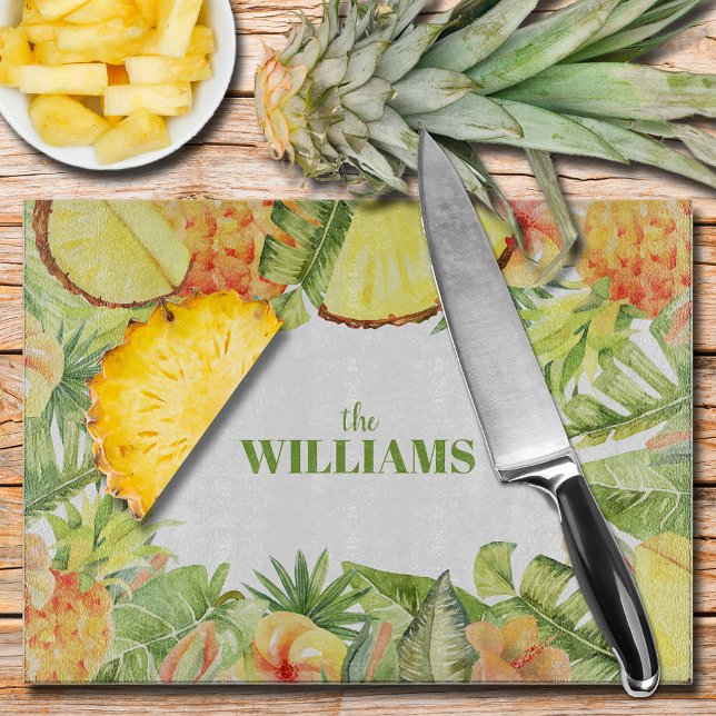 Tropical Fruit Greenery Flowers Cutting Board (Watercolor Tropical Fruit, Greenery, Flowers Glass Cutting Board)