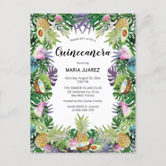 Tropical Fruit | Greenery Sunset Quinceañera Invitation Postcard
