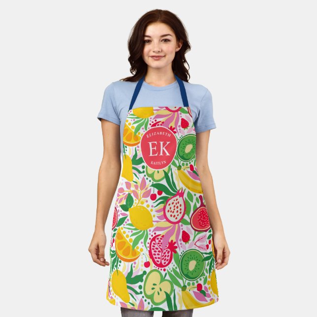 Tropical Fruit Monogram Watercolor Summer Pattern Apron (Worn)