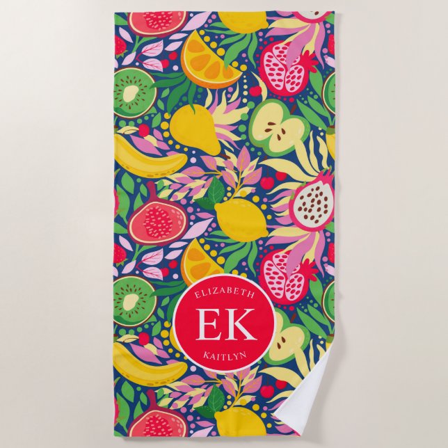 Tropical Fruit Monogram Watercolor Summer Pattern Beach Towel (Front)