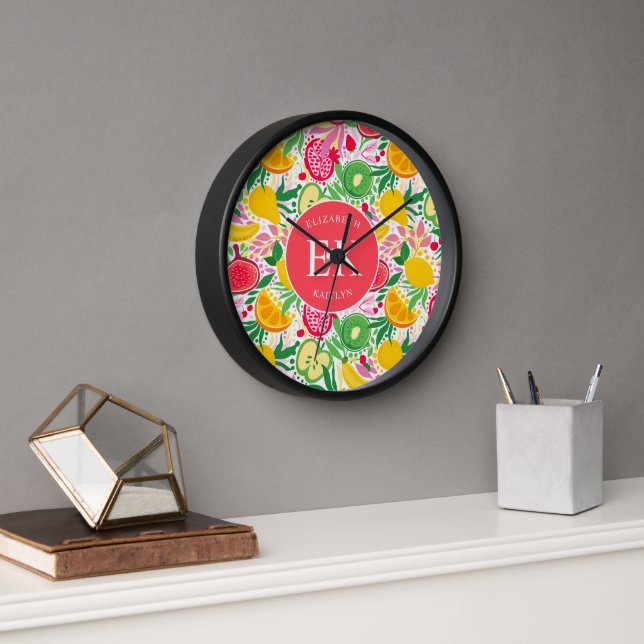 Tropical Fruit Monogram Watercolor Summer Pattern Clock (Office)