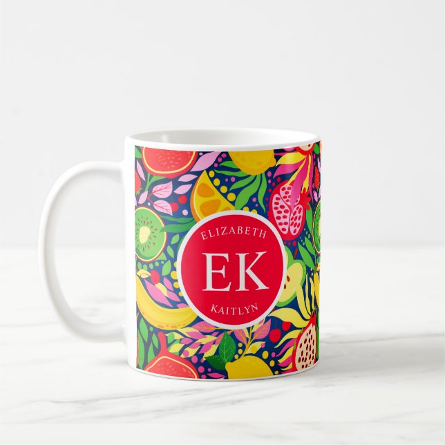 Tropical Fruit Monogram Watercolor Summer Pattern Coffee Mug (Left)