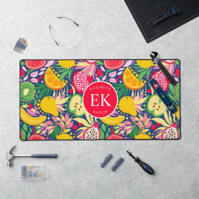 Tropical Fruit Monogram Watercolor Summer Pattern Desk Mat (Workstation)