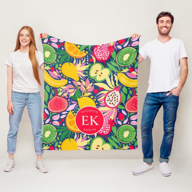 Tropical Fruit Monogram Watercolor Summer Pattern Fleece Blanket (In Situ)