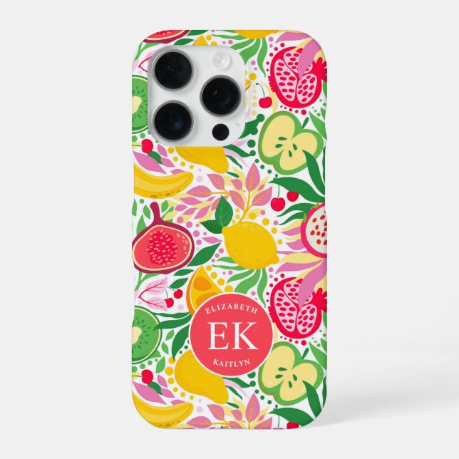 Tropical Fruit Monogram Watercolor Summer Pattern iPhone Case (Back)