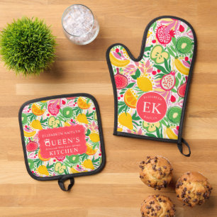Tropical Fruit Monogram Watercolor Summer Pattern Oven Mitt & Pot Holder Set