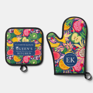 Tropical Fruit Monogram Watercolor Summer Pattern Oven Mitt & Pot Holder Set