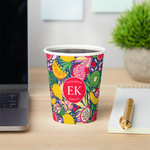 Tropical Fruit Monogram Watercolor Summer Pattern Paper Cups