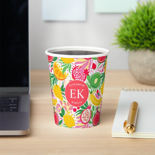 Tropical Fruit Monogram Watercolor Summer Pattern Paper Cups (Insitu)