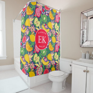 Tropical Fruit Monogram Watercolor Summer Pattern Shower Curtain