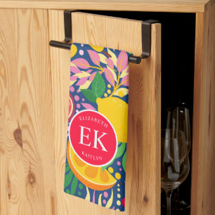 Tropical Fruit Monogram Watercolor Summer Pattern Tea Towel