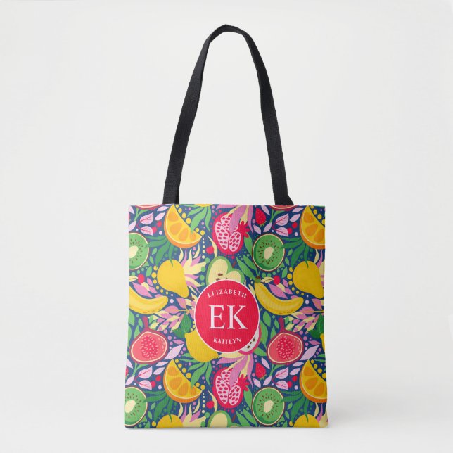 Tropical Fruit Monogram Watercolor Summer Pattern Tote Bag (Front)