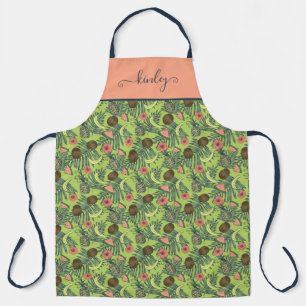 Tropical Fruit Sketch on Green Pattern Apron
