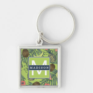 Tropical Fruit Sketch on Green Pattern Key Ring