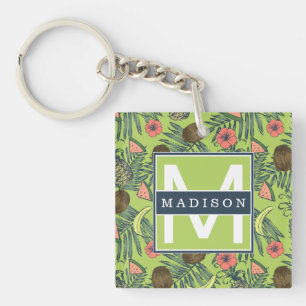 Tropical Fruit Sketch on Green Pattern Key Ring