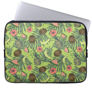 Tropical Fruit Sketch on Green Pattern Laptop Sleeve