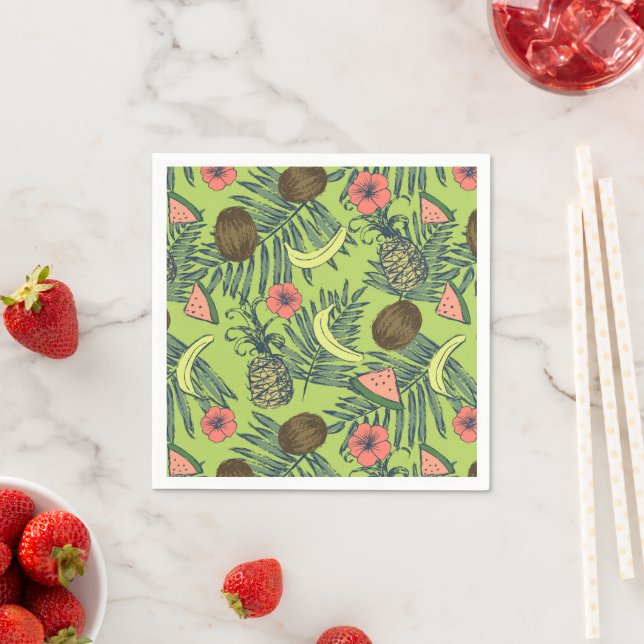 Tropical Fruit Sketch on Green Pattern Napkin (Insitu)