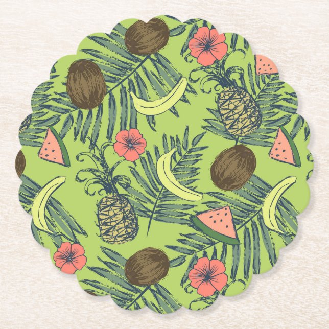 Tropical Fruit Sketch on Green Pattern Paper Coaster (Front)