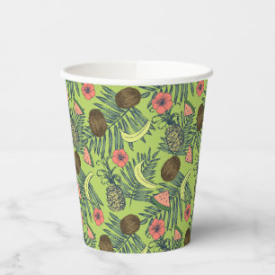 Tropical Fruit Sketch on Green Pattern Paper Cups