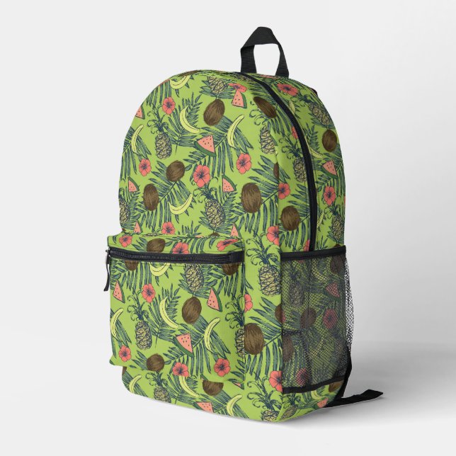 Tropical Fruit Sketch on Green Pattern Printed Backpack (Back Corner Right)