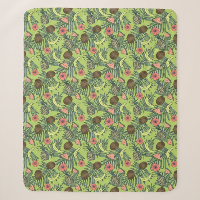 Tropical Fruit Sketch on Green Pattern Sherpa Blanket (Front)