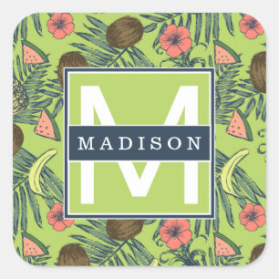 Tropical Fruit Sketch on Green Pattern Square Sticker