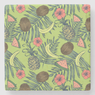 Tropical Fruit Sketch on Green Pattern Stone Coaster