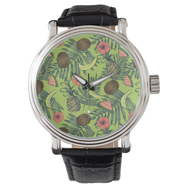 Tropical Fruit Sketch on Green Pattern Watch (Front)